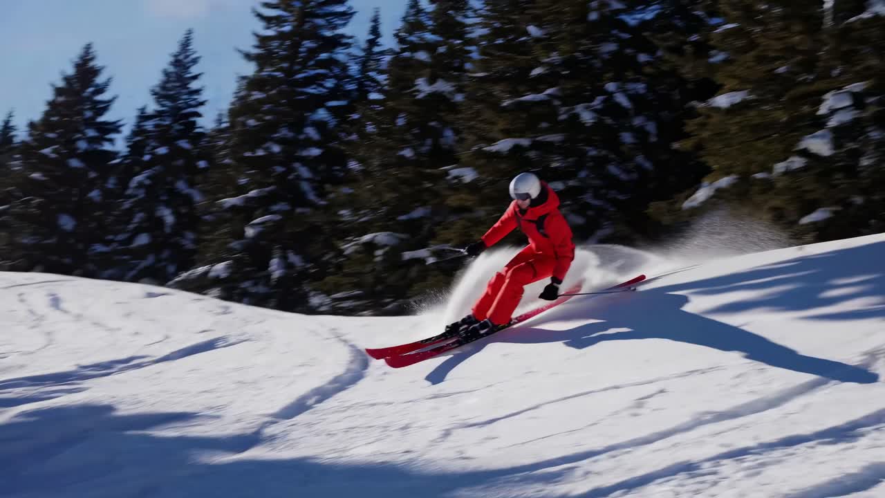 Dynamic video still of a skier in red descending a snowy slope
