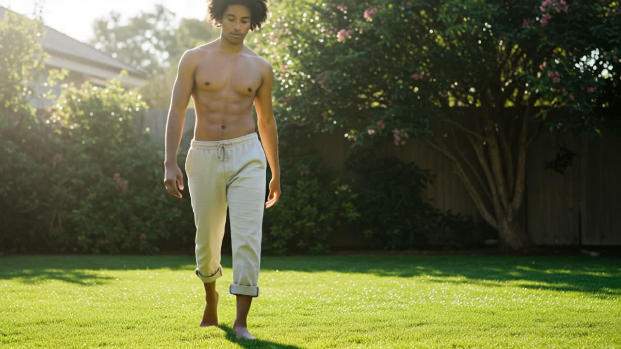 A Person Enjoying Nature: A Journey Through Tranquil Greenery and Personal Reflection in a Lush Backyard Environment