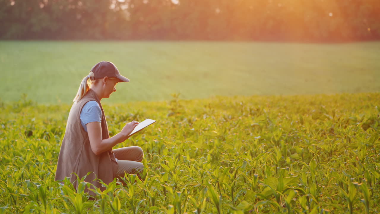 Un agricoltore lavora in un campo di mais giovane usando un tablet. Vista posteriore.