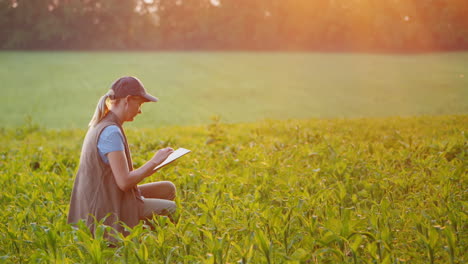 A-Farmer-Works-In-A-Field-Of-Young-Corn-Uses-A-Tablet-Back-View