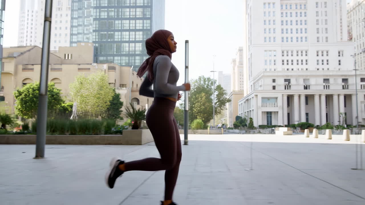Young Muslim Woman Running in an Urban City Environment