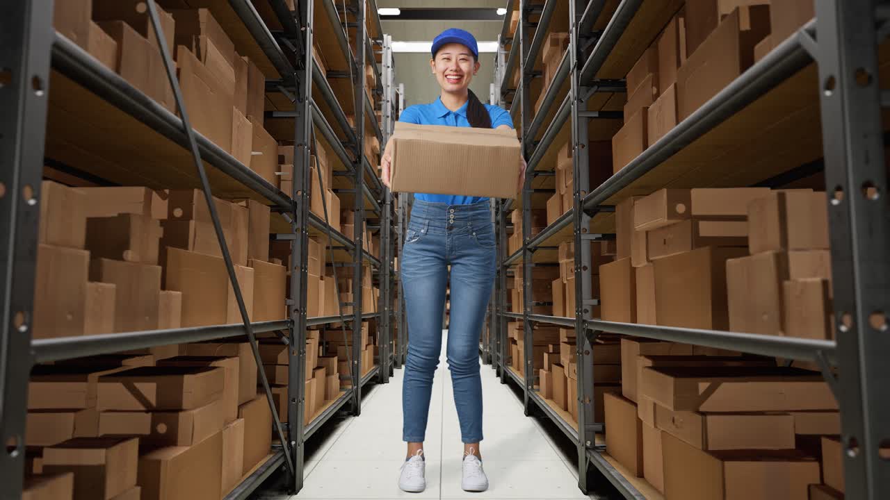 cuerpo lleno de mensajero femenino asiático en uniforme azul mostrando un cartón a la cámara y sonriendo mientras lo entrega en el almacén