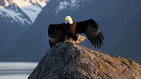 bald eagle perched on a rock with wings spread in a mountainous landscape