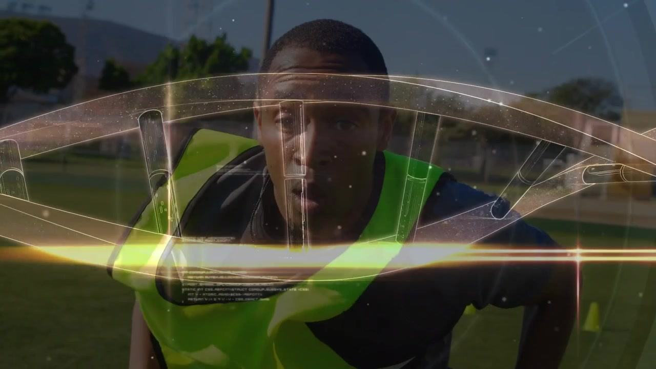 Animation of african american male soccer player doing pump ups on soccer field
