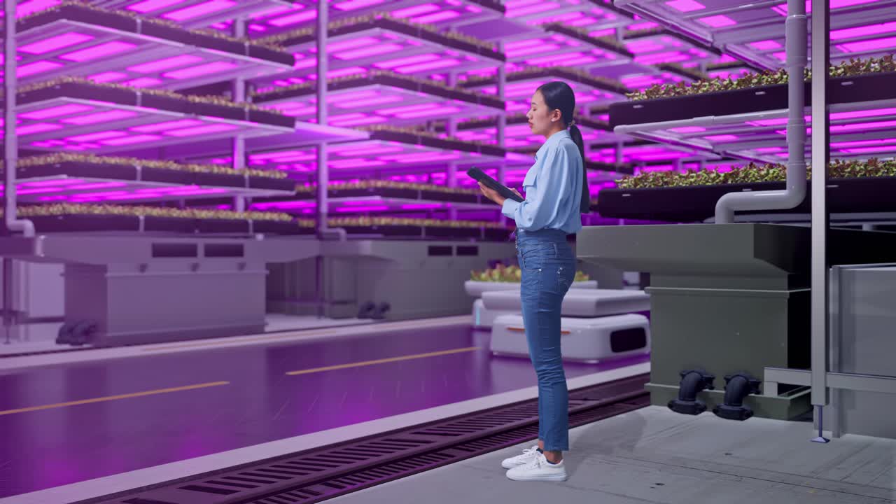 Full Body Side View Of Asian Female Professional Worker Standing With Tablet In Vertical Farm, High-tech Industrial Facility, She Observes By Looking Around Before She Come To Concentrating With Tablet