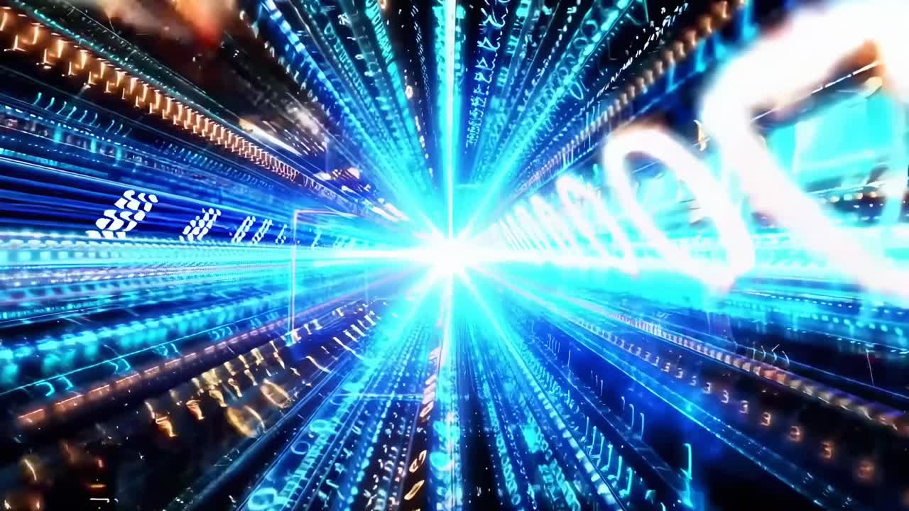 Dynamic video of digital data streams in a tunnel, captured from a central perspective