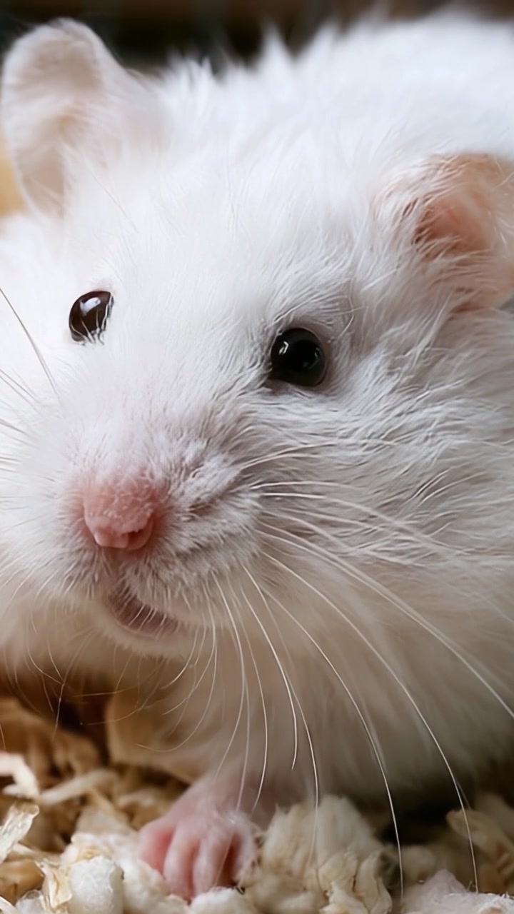 Una vista ravvicinata di un adorabile criceto bianco che evidenzia la sua morbida pelliccia e il suo viso espressivo, catturato in due splendide inquadrature che mostrano le sue caratteristiche uniche.