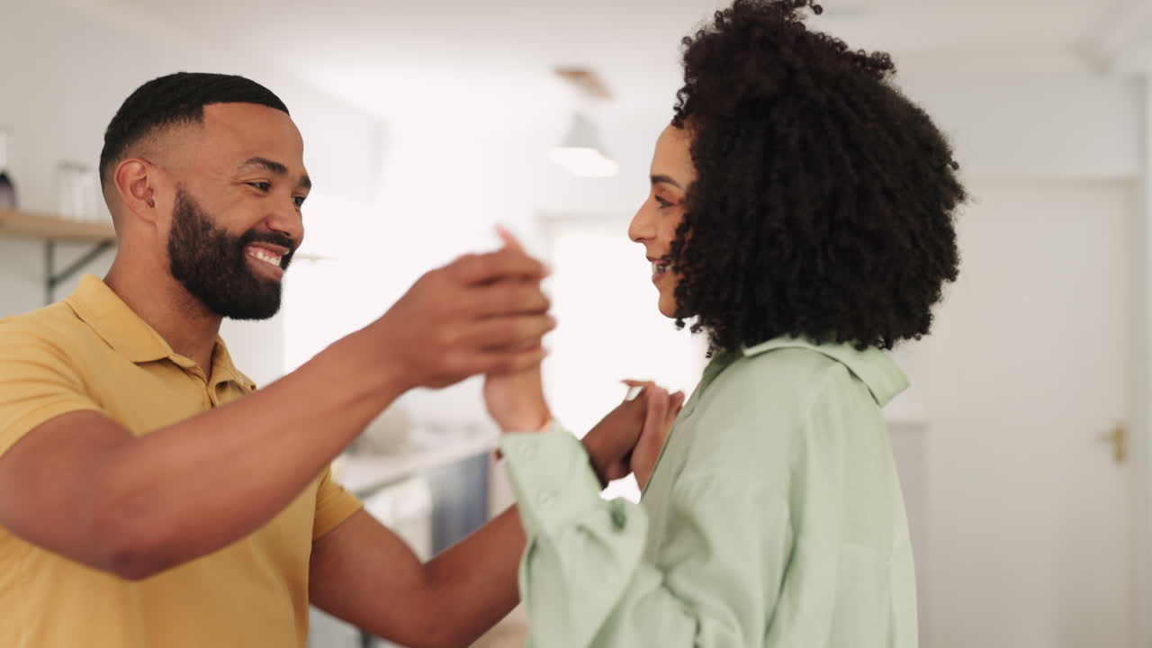 Black couple, bonding hug or dancing in house