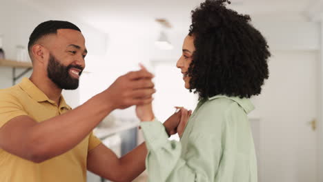 Black-couple,-bonding-hug-or-dancing-in-house