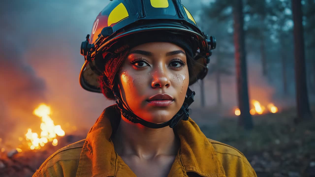 Portrait of a Female Firefighter in a Burning Forest