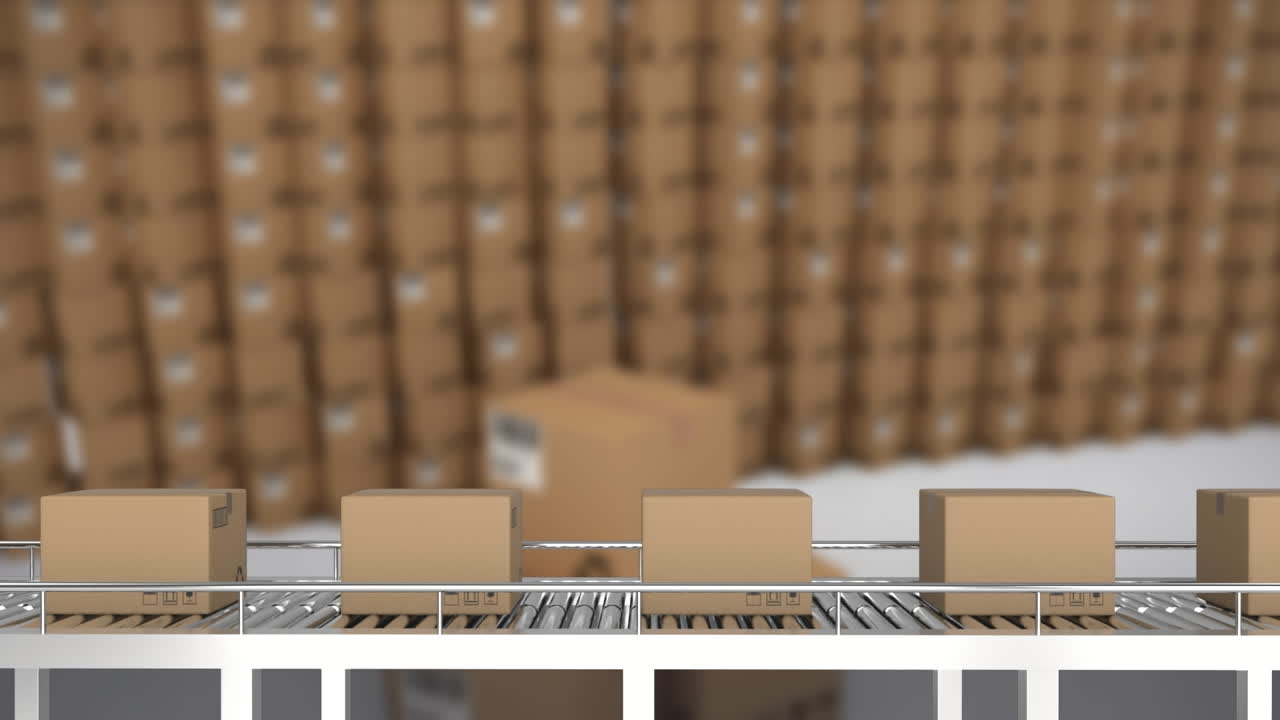 창고의 상자 위에 컨베이어 벨트에 상자의 애니메이션