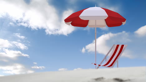 animación de sombrilla roja y blanca y silla de cubierta en la playa en un día soleado