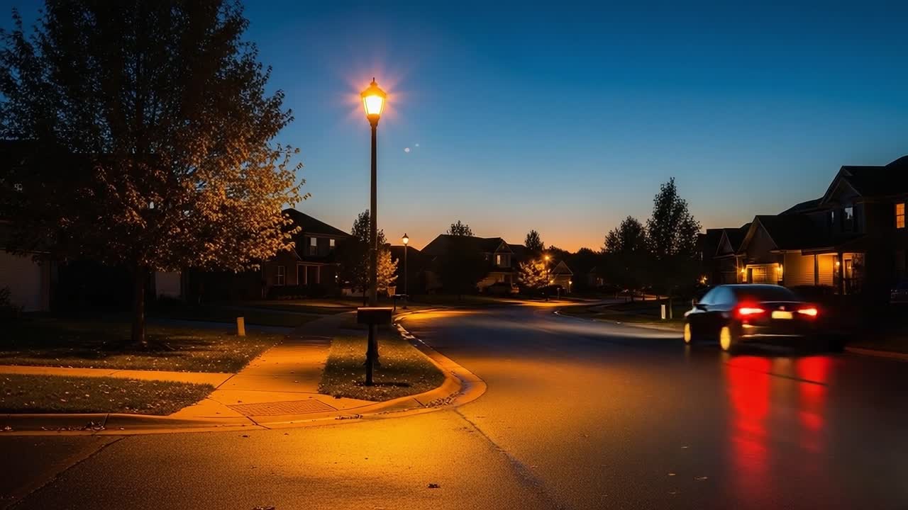 A Quiet Evening in a Suburban Neighborhood: From Dusk to Nightfall with a Glimpse of Stars and Streetlights Illuminating the Calm Roads
