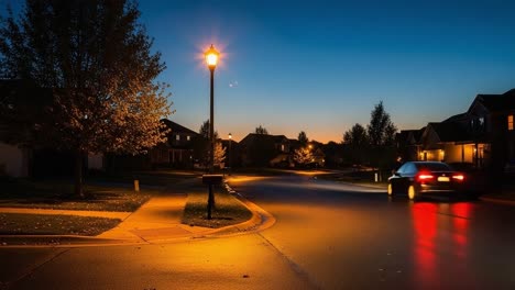 a quiet evening in a suburban neighborhood: from dusk to nightfall with a glimpse of stars and streetlights illuminating the calm roads