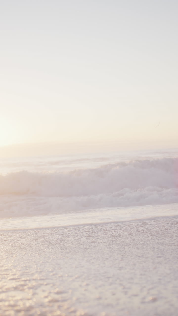 은 해변에서 파도와 파란 하늘과 함께 바다의 수직 비디오