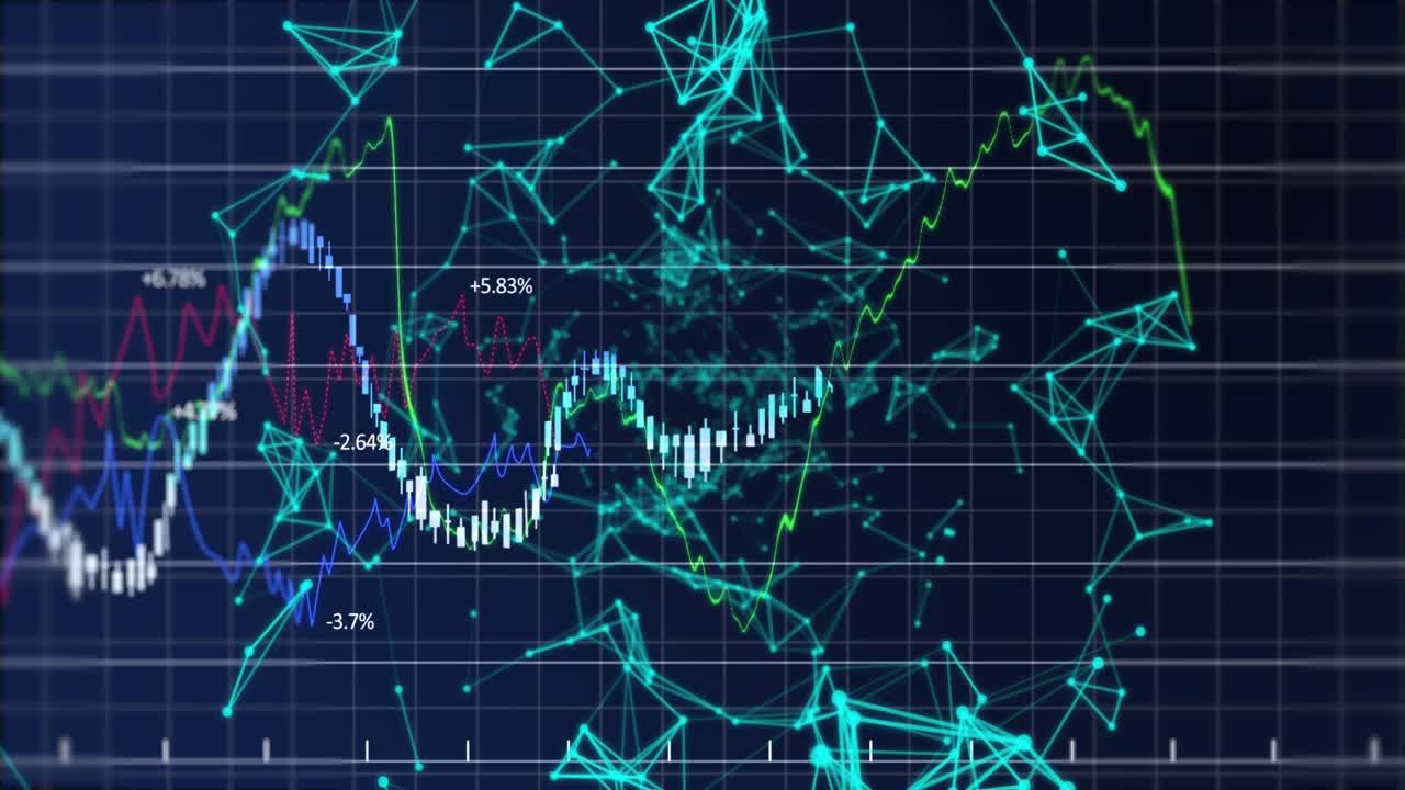 Drifting nodes forming mesh, grid pulsing, charts rising, labels popping showing market trends