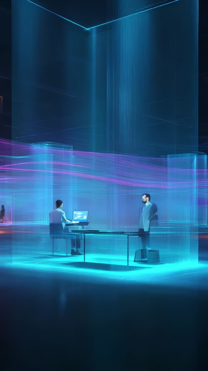 Un ambiente digitale dinamico che mostra una tecnologia innovativa con l'interazione tra due personaggi in un'illuminazione vivace e un'estetica moderna