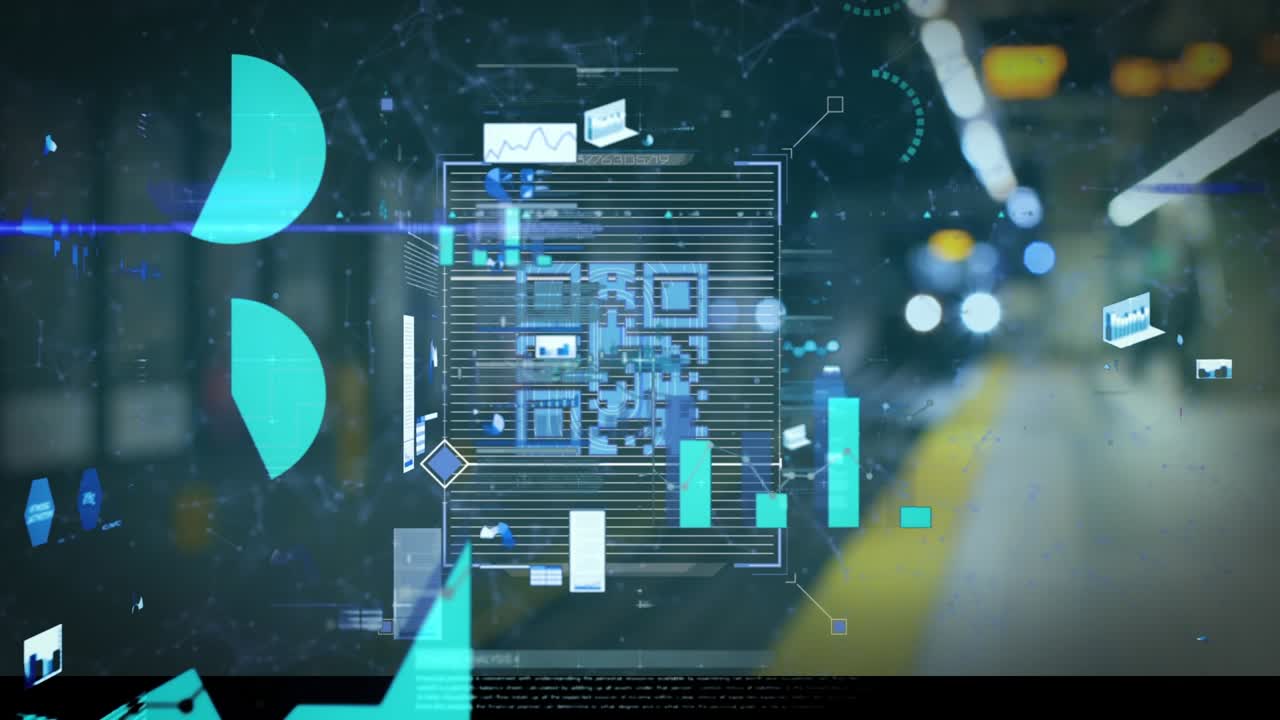 Animation of qr code with graphs and dots interconnecting with lines over subway station platform
