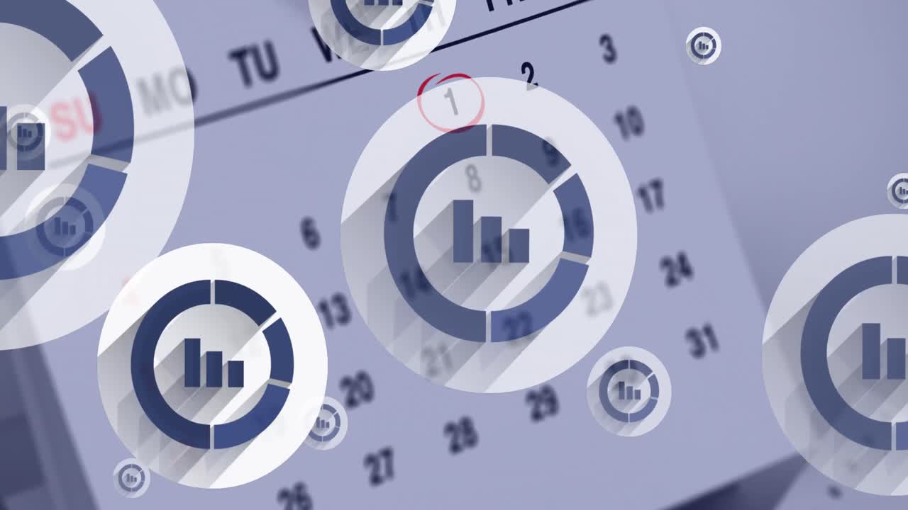 animación de iconos de diagrama flotando sobre el calendario y el bolígrafo