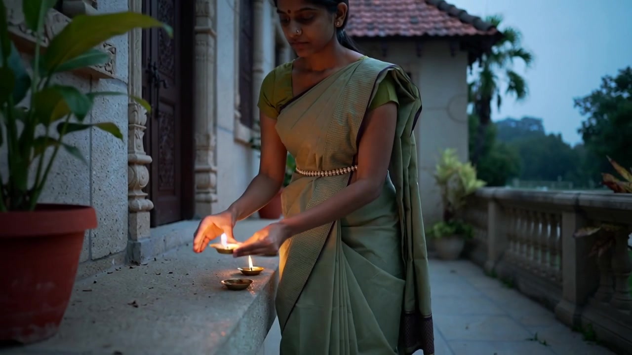Transferring flame woman in green saree using lit diya on stone porch, preparing ritual