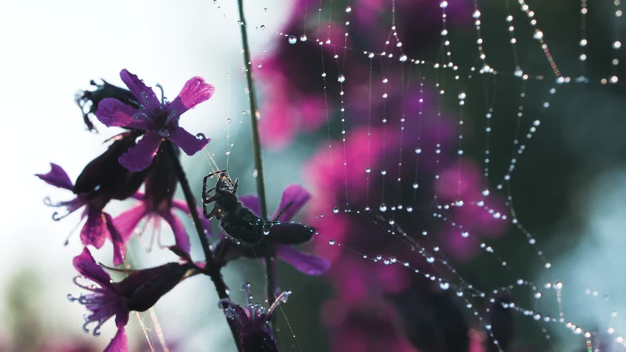 Spider on a dewy web amongst purple flowers