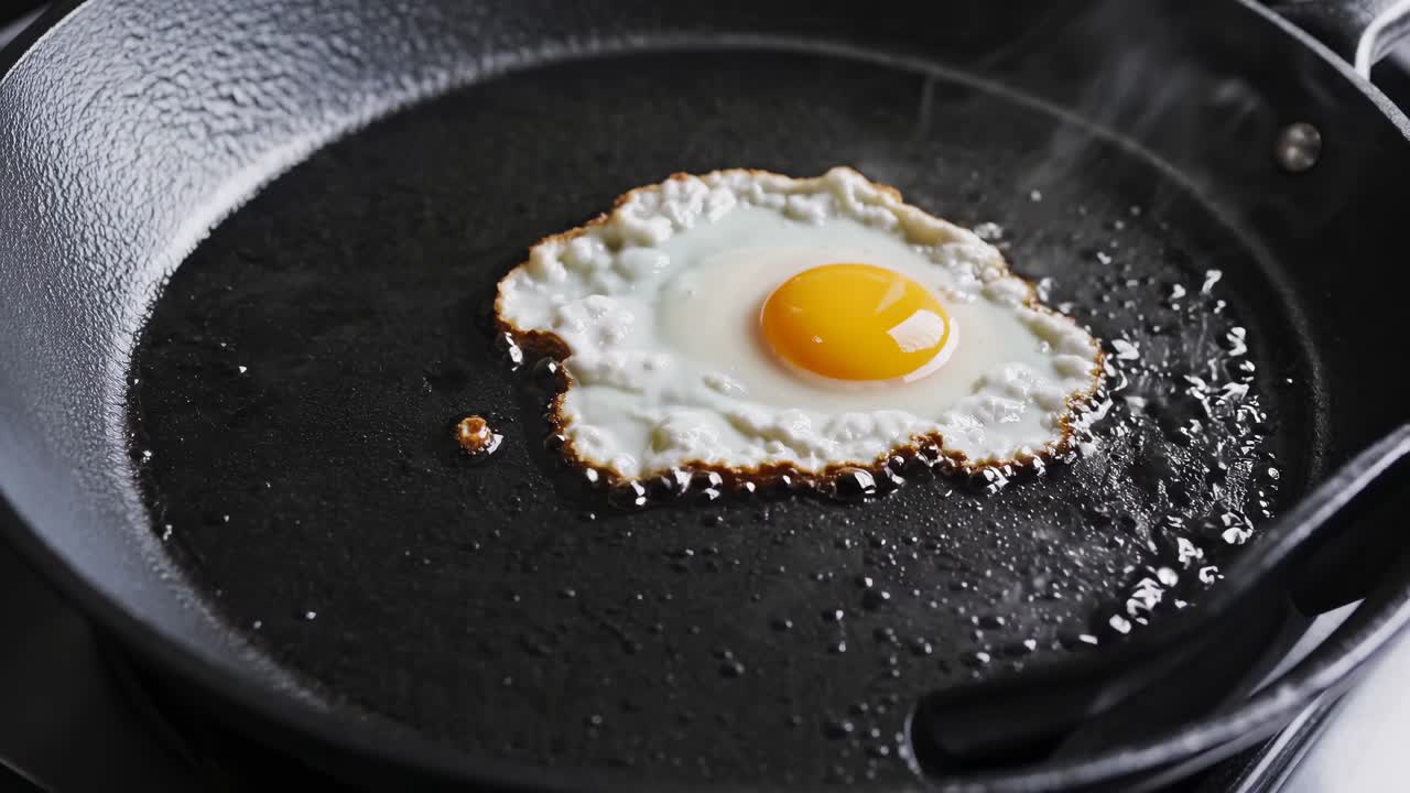 Close-up, top-down view of a fried egg sizzling in a cast iron skillet, capturing the cooking