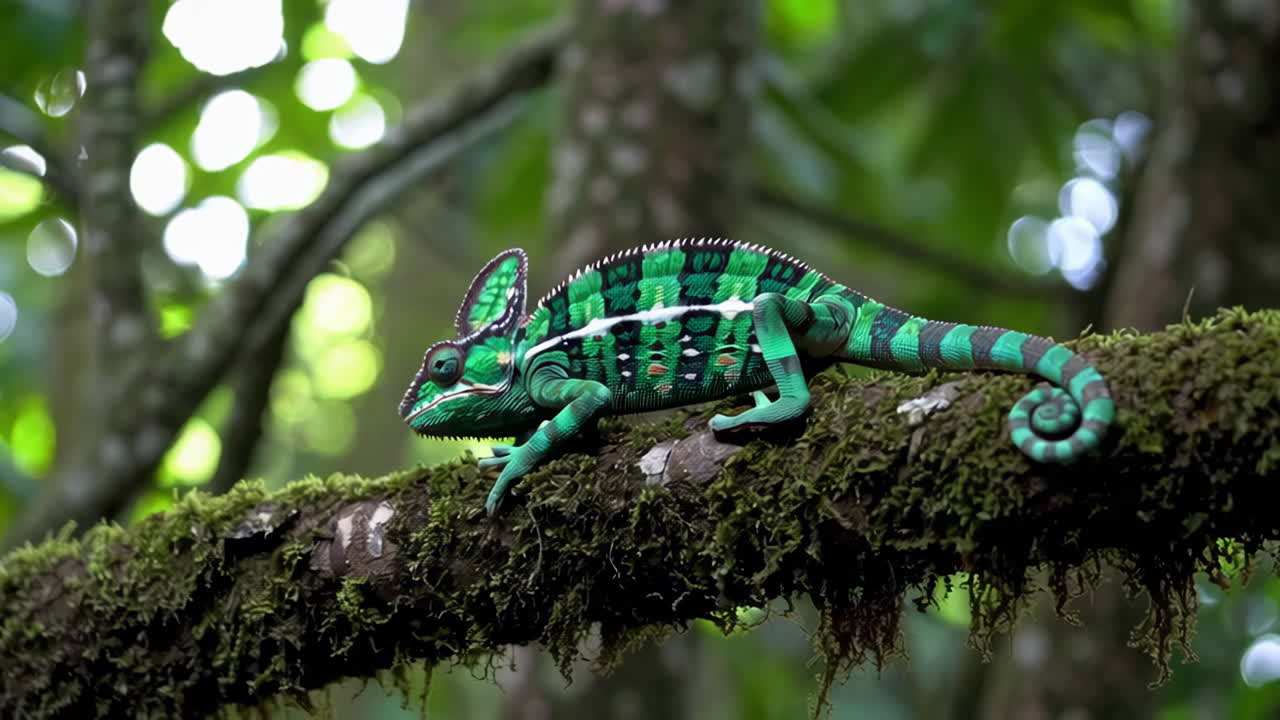 Green Chameleon on a mossy branch in a rainforest