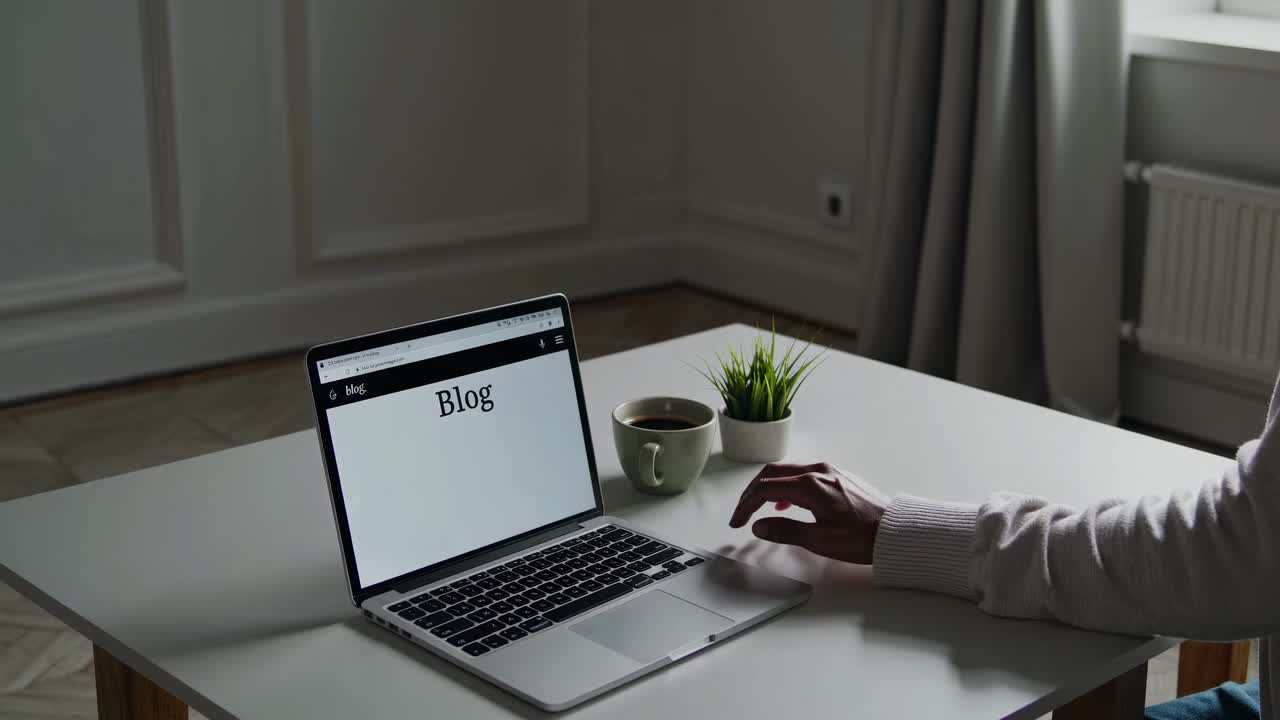 A cozy home office scene with a laptop displaying 'Blog.' Shot from a side angle, it captures
