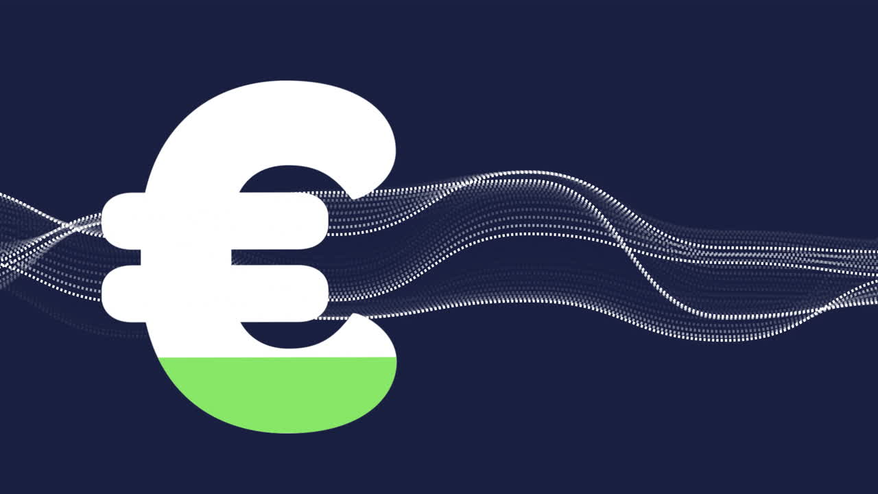 Stylized euro symbol being highlighted in scene, showing green lower half and white dotted waves