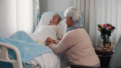 bible, holding hands and senior women in hospital