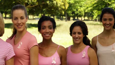 diverse happy women wearing pink for breast cancer awareness in the park