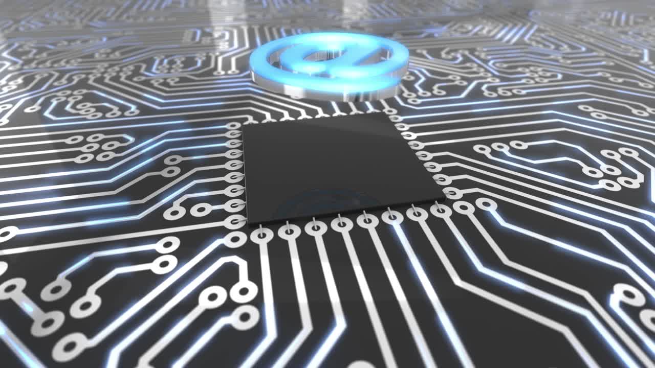 el concepto de la placa de circuitos rotativos de computadora de color azul oscuro bucle de correo electrónico 4k