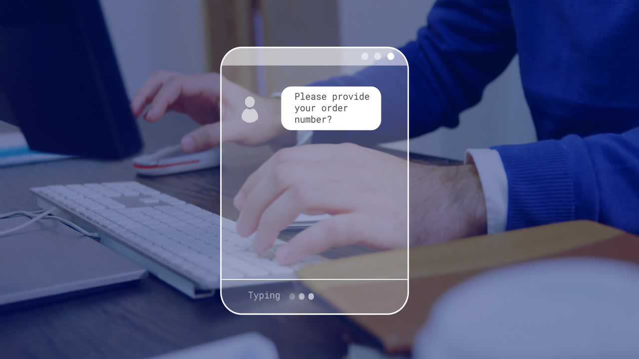 Animation of ai text on screen and data processing over caucasian man using computer