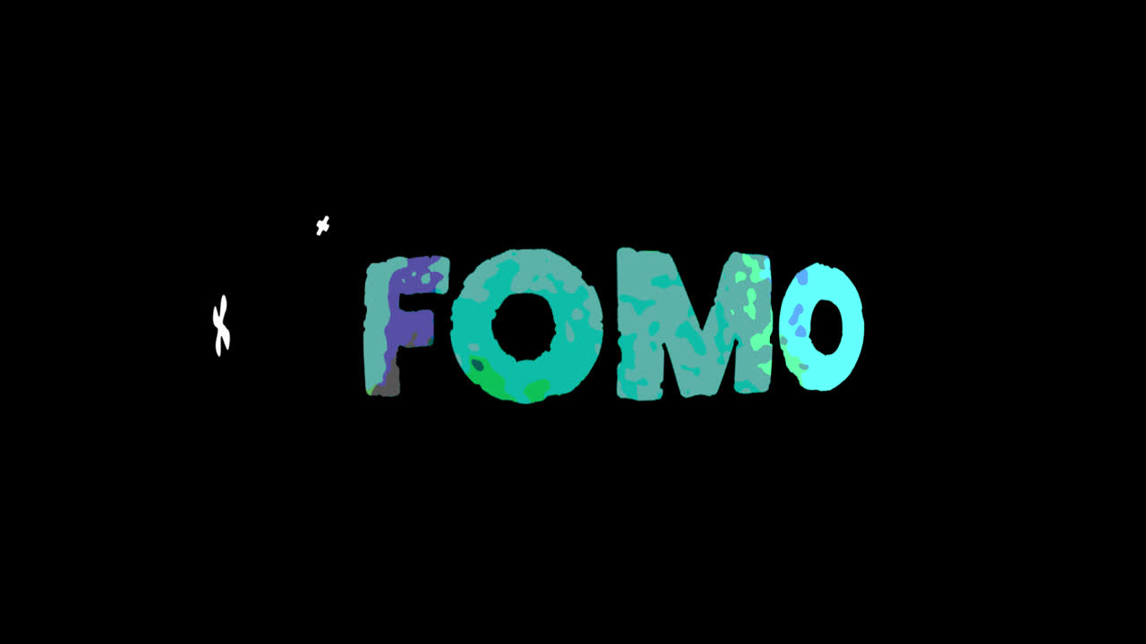 FOMO con testo animato con segni più su sfondo nero