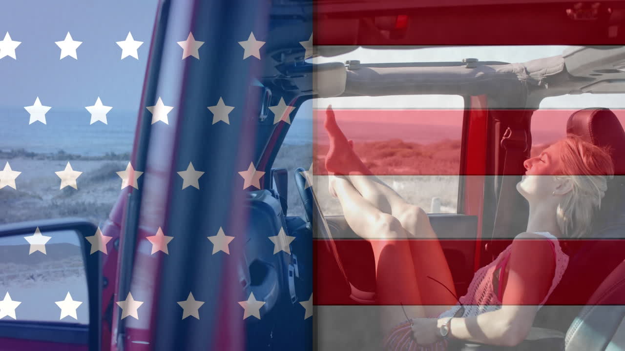 animación de la bandera de los ee.uu. sobre mujer caucásica en coche en la playa