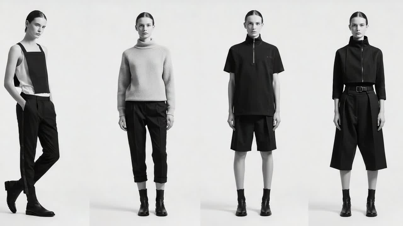 A Minimalist Fashion Showcase Featuring Diverse Monochrome Outfits with Clean Silhouettes, Including Stylish Tops, Tailored Pants, and Chic Footwear