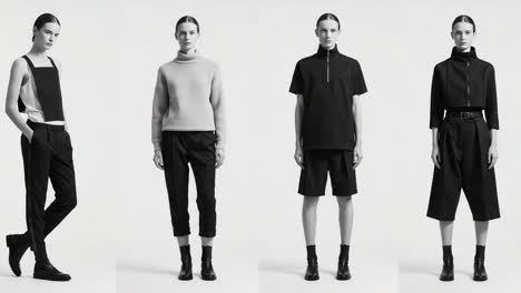 a minimalist fashion showcase featuring diverse monochrome outfits with clean silhouettes, including stylish tops, tailored pants, and chic footwear