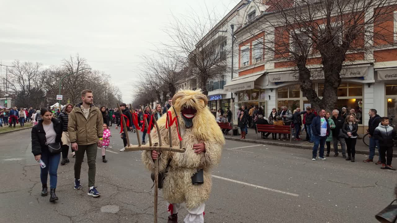 Masked and sheepskin coated locals frighten the Busó-walking festival visitors with pitchforks on the main street of Mohacs during the day in Hungary.