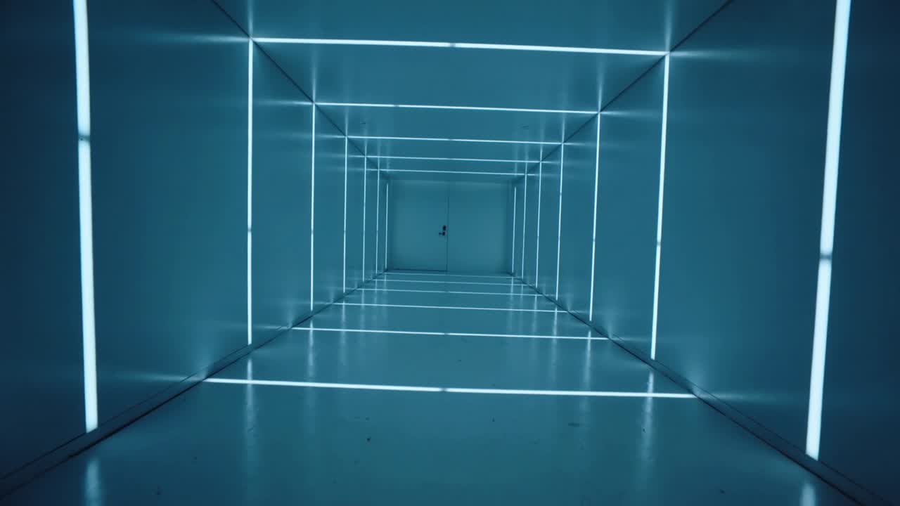 Camera moving through art tunnel, tightening view, showing cyan LED strips, centering fixture
