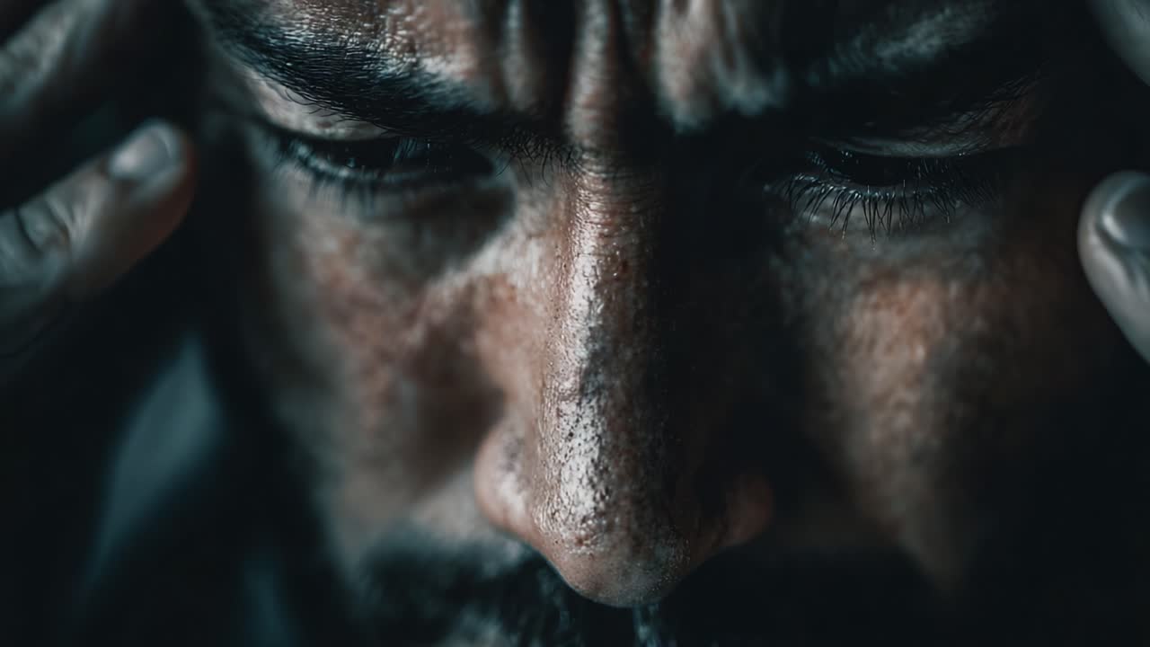 A Striking Portrayal of Distress: Capturing the Emotional Turmoil and Mental Strain Reflected in a Man's Deeply Furrowed Brow and Tense Features