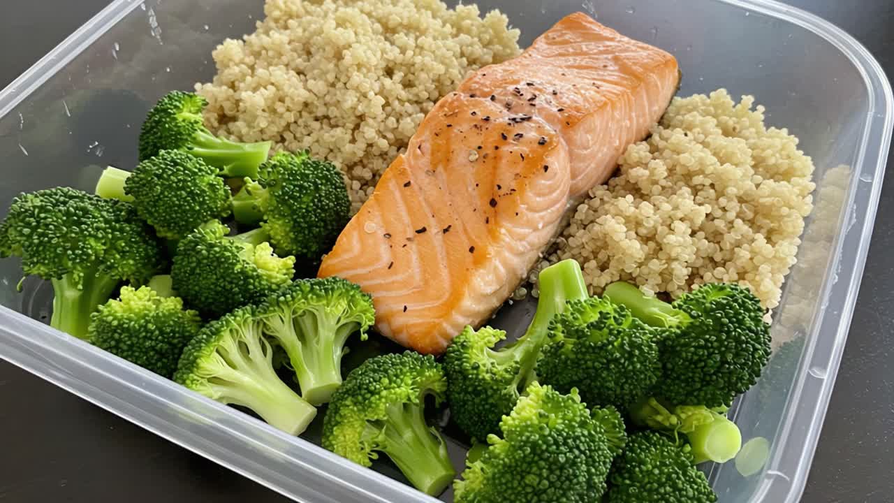 Healthy Meal Prep: Grilled Salmon with Quinoa and Steamed Broccoli in a Meal Prep Container for a Nutritious and Balanced Diet.