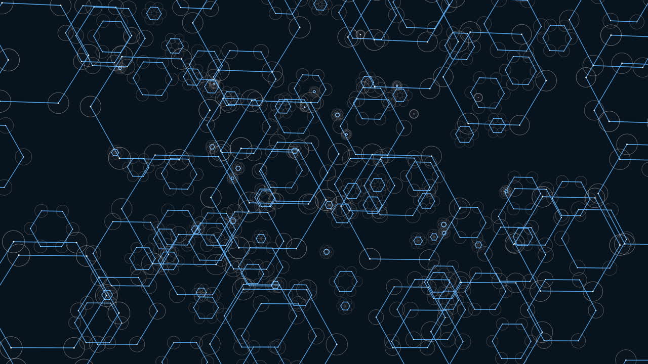 Fly futuristic hexagons geometric shape with neon dots on dark gradient