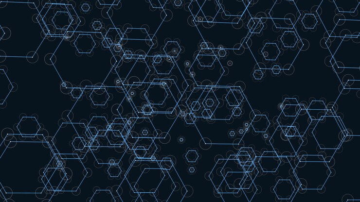 Fly futuristic hexagons geometric shape with neon dots on dark gradient