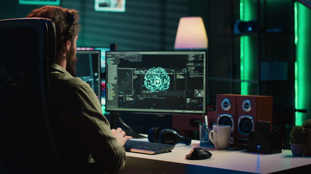 científico colocando cartucho confidencial en la computadora, despertando el conocimiento de sí mismo