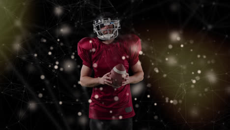 animation of lights and constellations over american football player on black background