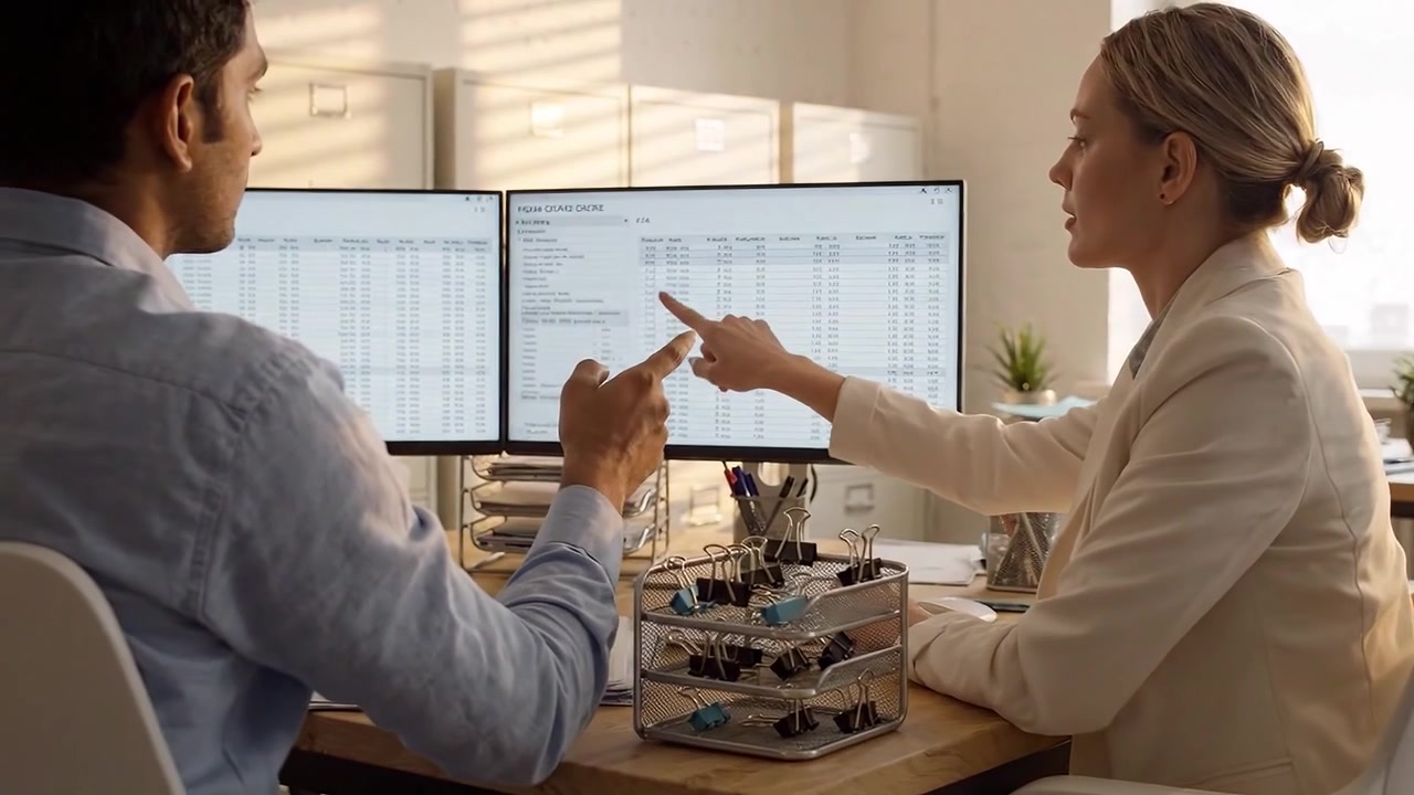 Collaborative Office Setting Featuring Two Professionals Analyzing Data on Dual Monitors Amidst a Modern Workspace with Organized Supplies and Natural Lighting