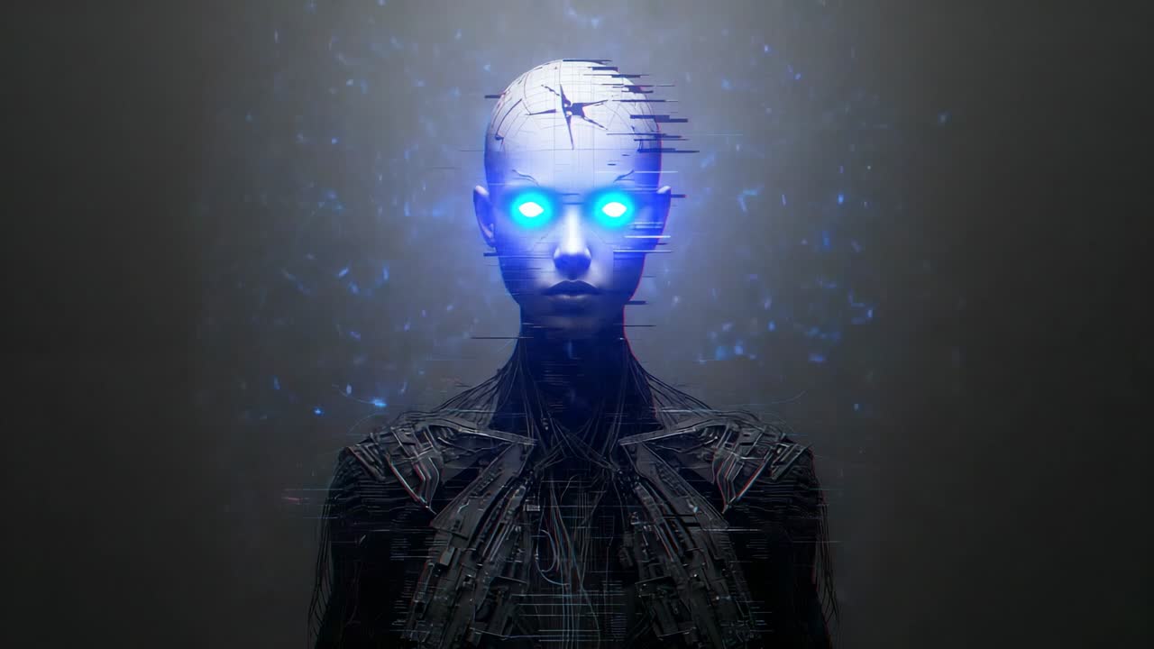 Powering up android emitting blue glow and glitching head crack with particles at gray backdrop