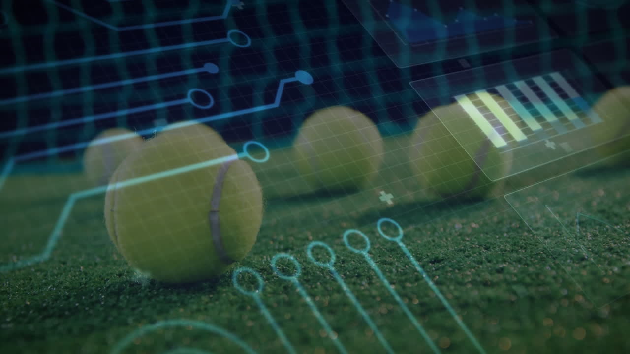 animación de placas de circuitos y procesamiento de datos sobre pelotas de tenis y red