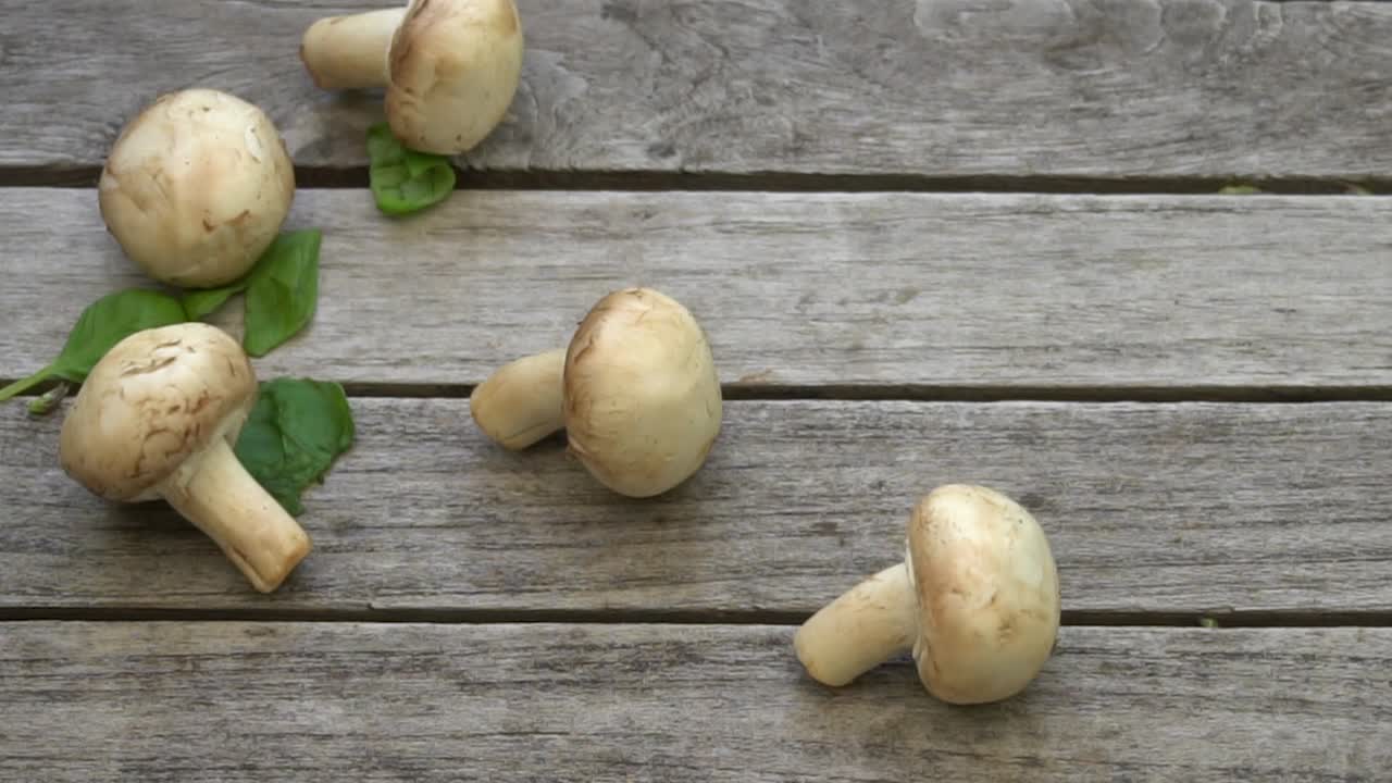 imágenes de un montón de champiñones frescos cayendo sobre una mesa de madera