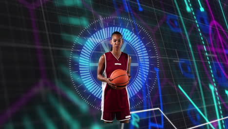 animación de una jugadora de baloncesto afroamericana sobre escaneo de alcance en fondo negro